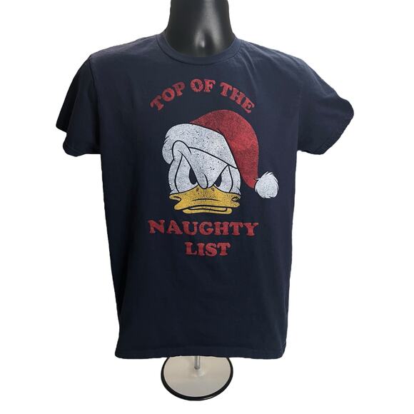 Disney Donald Duck T-shirt in a Santa hat Top of the Naughty List Navy Medium - Picture 1 of 10
